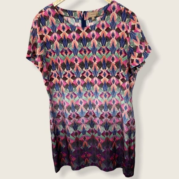 Anthropologie Kachel 100% Silk Diamond Shift Dress Size 12 Short Sleeves Boho - Picture 2 of 10